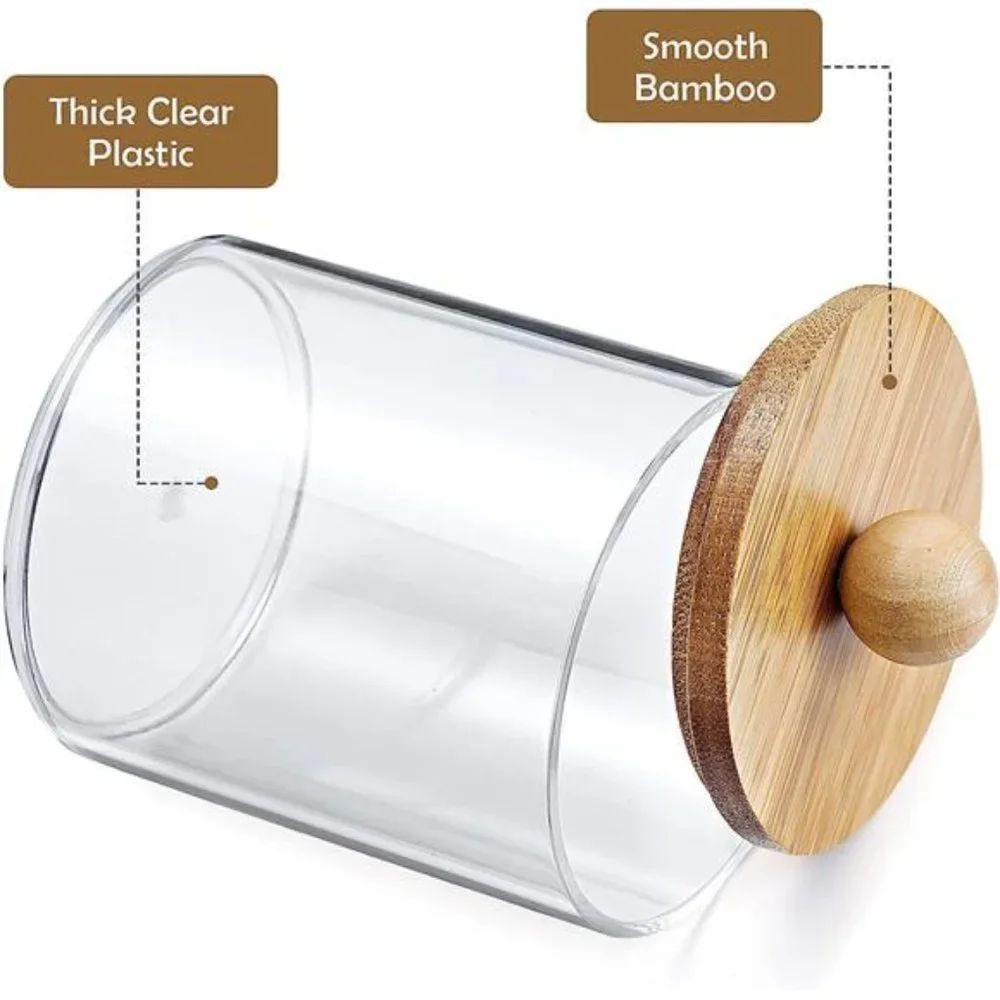 4 Pack Qtip Holder Dispenser with Bamboo Lids 10 oz Clear Plastic Apothecary Jar